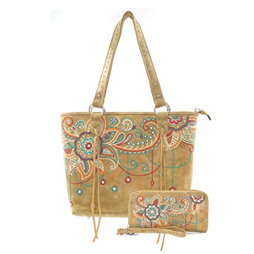 American Bling Floral Embroidered Tote and Wallet Set-Khaki
